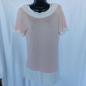 Ami Vintage Sweater, 1980s,  coral & white, shoulder pads, knee length